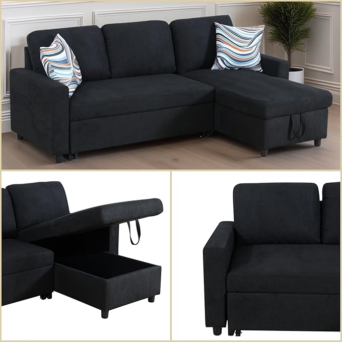 FONTOI Sofa Bed Pull Out Couch Convertible Sectional Sleeper Sofa with Storage Chaise Modern Lounge L Shaped Couch Bed for Living Room Bedroom Small Spaces Blue