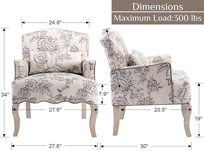 Floral Accent Chairs Set of 2 Farmhouse Upholstered Armchair Linen Reading Chair Mid Century Modern Single Sofa Chair with Pillow for Bedroom/Living Room/Fireplace Beige