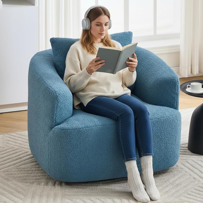 PELUMY Swivel Accent Chair Modern Round Barrel Chair Soft Teddy Fleece Fabric Swivel Chair for Living Room 360 Rotating Small Space Comfort Reading Chair No Tools Assembly (Blue)