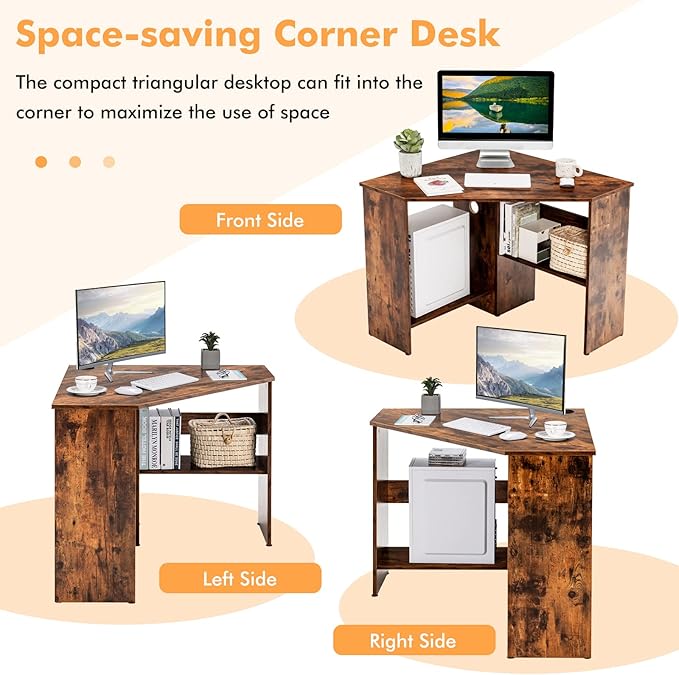 LDAILY Corner Desk Space Saving 90 Degree Triangle Computer Desk with Storage Shelves &amp Cable Holes Wood Compact Corner Writing Table for Small Spaces Home Office Bedroom &amp Living Room Co