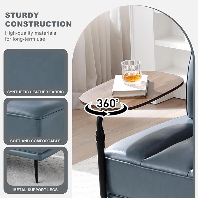 55 Faux Leather Upholstered Sofa Entryway Ottoman Modern End of Bed Bench with Side Table 360-degree Swivel Tray Couch Window Bench with Metal Legs for Bedroom Living Room (Grey)