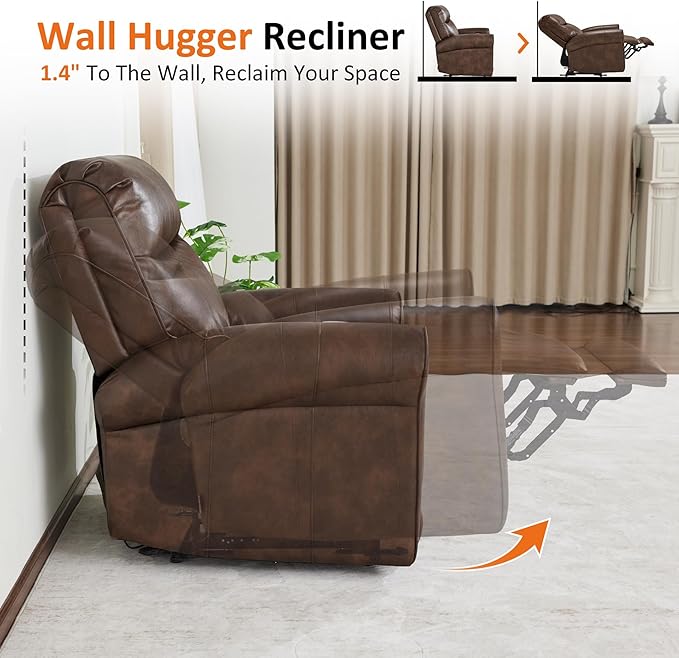 MCombo Power Wall Hugger Recliner Chair for Small Space RV Living Room USB &amp USB-C Charging Ports Modern Rolled Arm Recliner Faux Leather PR630 (Dark Brown Medium)