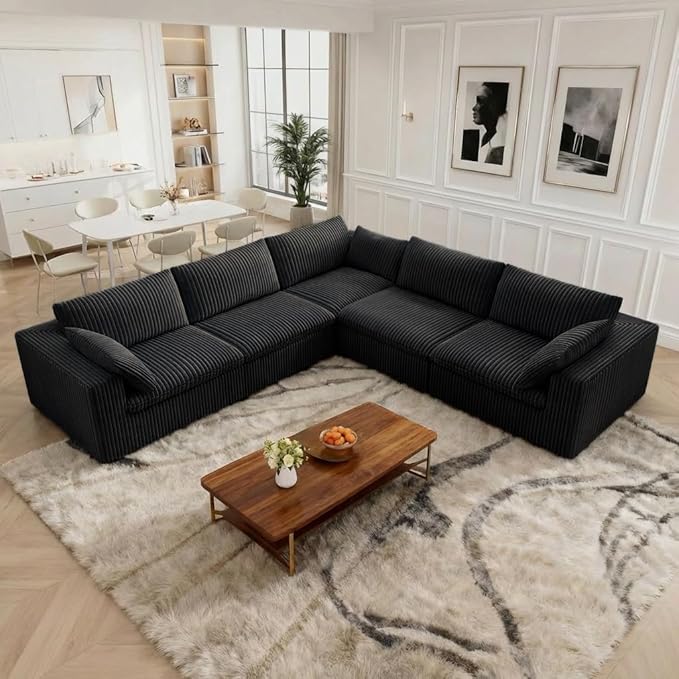118.2 Modern V Shaped Corner Sofa Comfy Modular Sectional Cloud Couch with Plush Corduroy Fabric Deep Seat Upholstered Sofa Fluffy Boneless Couches for Living Room No Assembly (Black)