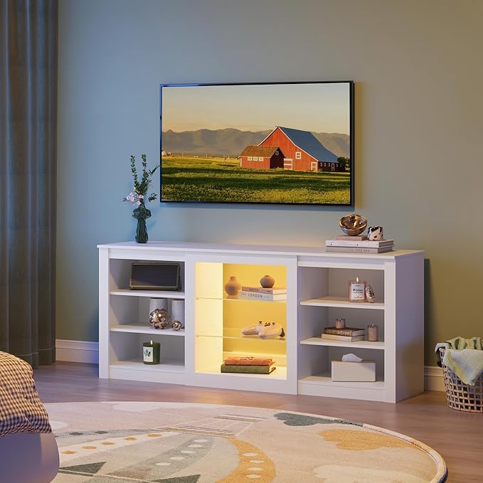 WLIVE Modern TV Stand for 65 Inch TV Entertainment Center with Adjustable Open Shelves &amp RGB LED Lights Sturdy Media Console for Living Room BedroomGaming (White)
