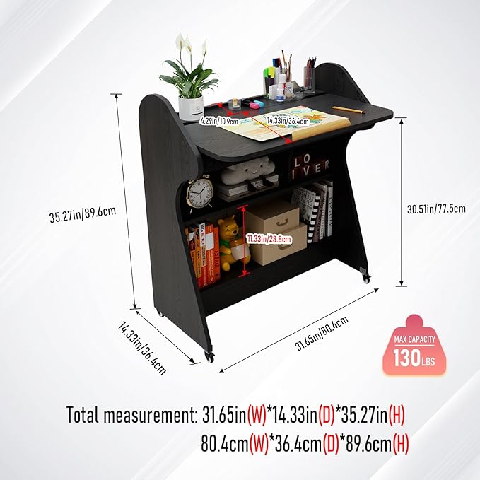 Pmnianhua Portable Mobile Desk on Wheels with Adjustable Angle TaletopHome Office DeskRolling Computer Desk with Wheels and Storage for Home Office Small Space(Black)
