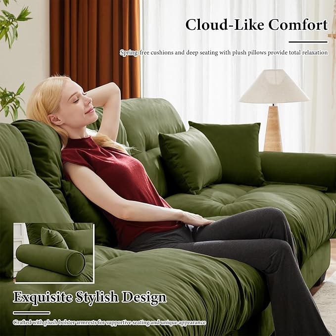 166 Oversized Couch 4 Seater Modular Sectional Sofa Olive Green Large L Shaped Sectional Couches for Living Room Fluffy Couch Set 4 Seater Velvet Cloud with Ottoman Sofas for Living Room