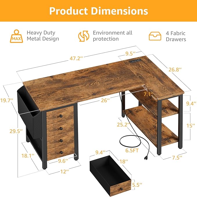 DLisiting L Shaped Computer Desk with Drawers - 47 Inch Corner Office Reversible Desk with Storage Shelves Power Outlet Home Office Desks L-Shaped with Fabric Drawer for Teen Girls Rustic Brown