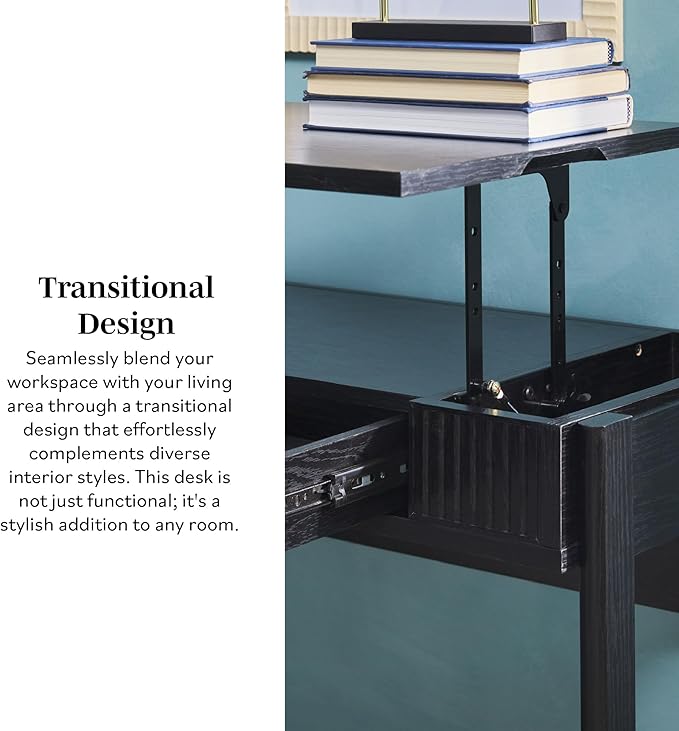 Walker Edison Transitional Style Furniture Reeded Detail Lift-Top Desk with Drawer and Storage Cubby Sitting to Standing Desk Soft Self-Close Desktop 38 Inch Black