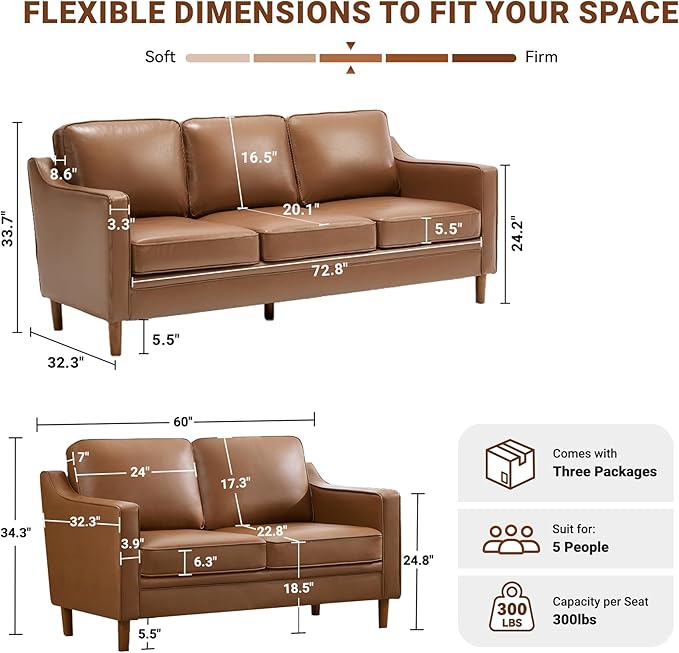 Kingfun Living Room Furniture Sets 3 Seater Couch and Loveseat Mid Century Modern Sofa Set Faux Leather Couch with Solid Wood Frame for Living Room &amp Bedroom Brown