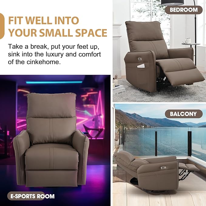 cinkehome Power Swivel Rocker Recliner with USB Overstuffed Electric Reclining Chair Faux Leather Rocker Recliner for Nursery Living Room Brown