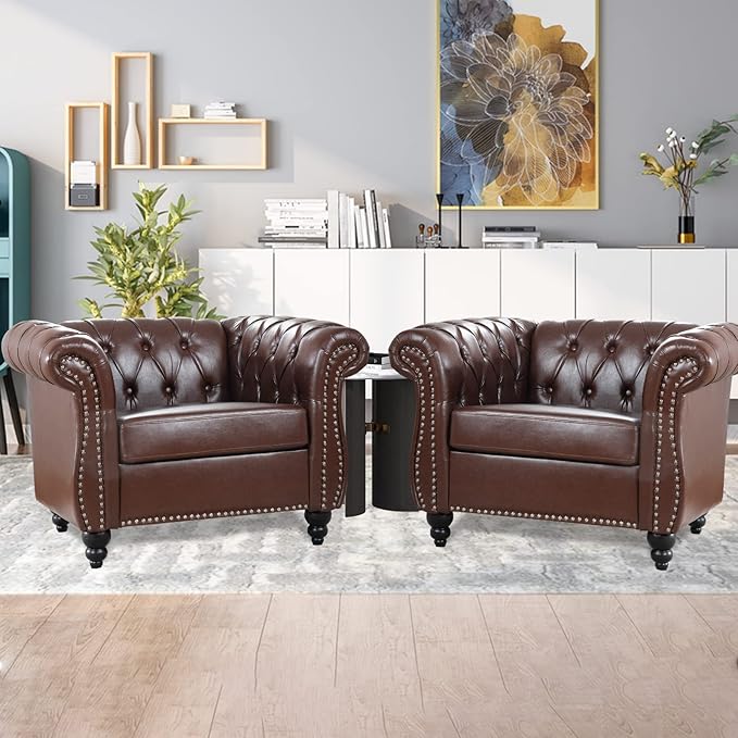 Brown Chesterfield Accent Chair Faux Leather Upholstered Tufted Wingback Club Chair Mid-Century Modern Living Room Chair with Sturdy Wood Frame Comfy Oversized Armchair for Bedroom Office