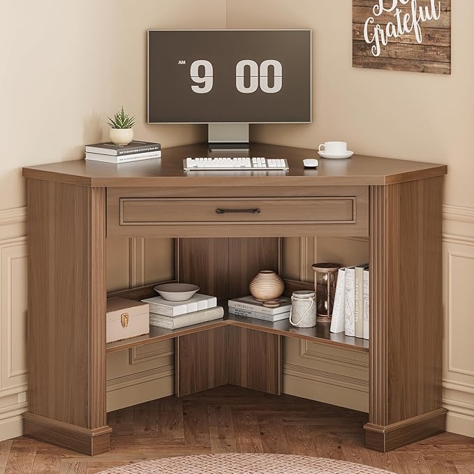 SEDETA Corner Desk for Small Space Corner Computer Desk Small Computer Desk with Drawers and Storage Shelves for Home Office Living Room Bedroom Brown