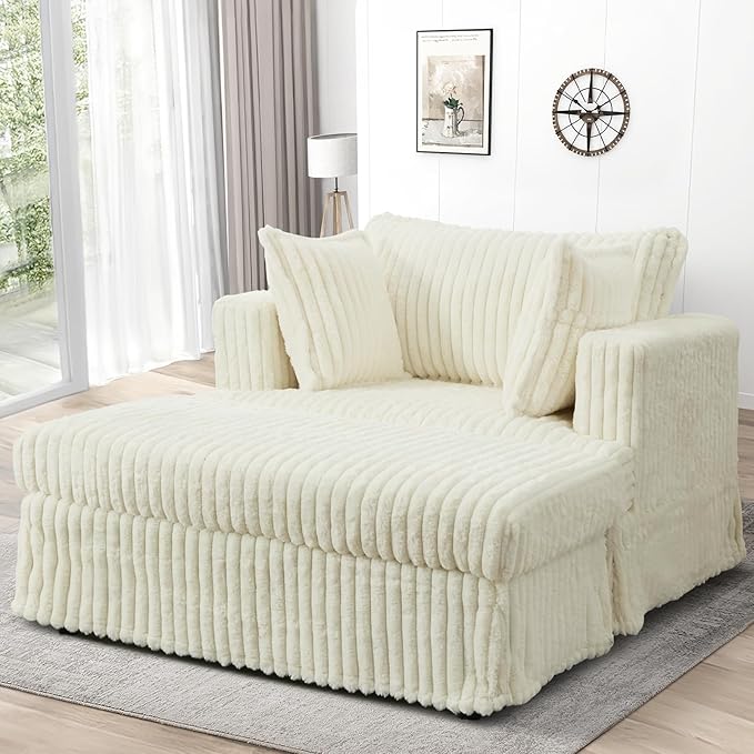 KINFFICT Oversized Chaise Longue IndoorComfy Upholstered Tufted Corduroy Single Sofa Couch Leisure Chair with 3 PillowDeep Seat Reclining Sleeper Sofa Chair for Living RoomBedroomOffice (Beige)