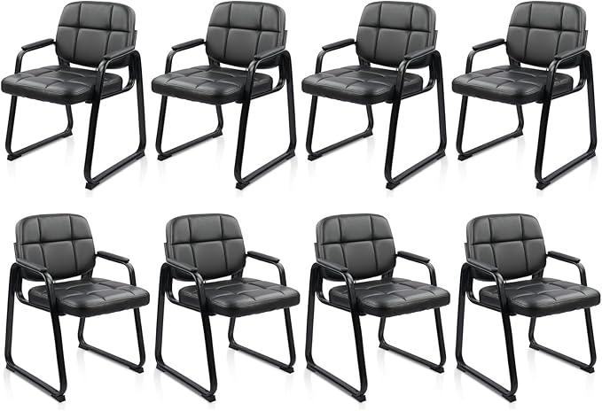 CLATINA Leather Guest Chairs Set of 8 Office Reception with Padded Arms Desk Chair with Sled Base for Office Conference Waiting Room Black