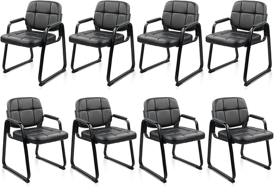 CLATINA Leather Guest Chairs Set of 8 Office Reception with Padded Arms Desk Chair with Sled Base for Office Conference Waiting Room Black