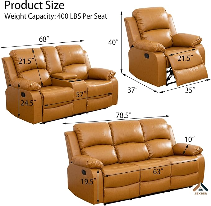 Manual Recliner Sofa Set for Living Room Leather Reclining Sofa Sets Faux Leather Couch Set with Cup Holders Drop-Down Table and Storage Console(LoveseatGinger)