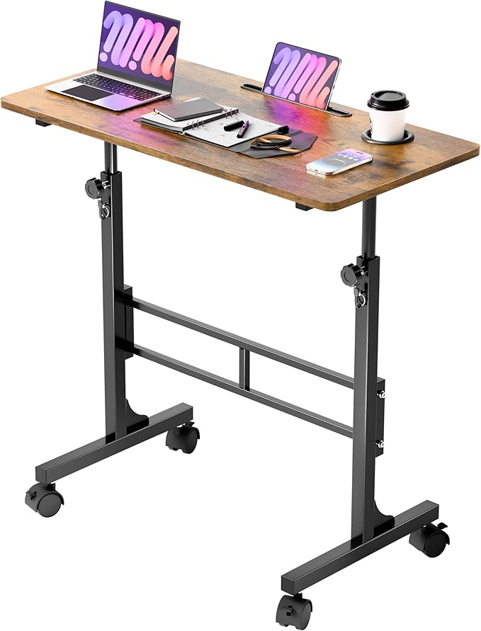 YESHOMY Standing Desk Adjustable Height 32 Inch Small Portable Rolling Desk with Wheels Cup Holder Tablet Upright Groove for Office Sofa Bedroom Rustic Brown