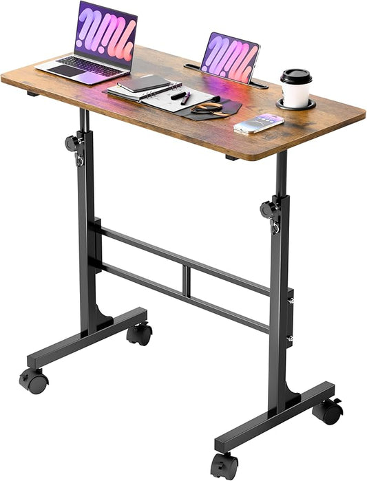 YESHOMY Standing Desk Adjustable Height 32 Inch Small Portable Rolling Desk with Wheels Cup Holder Tablet Upright Groove for Office Sofa Bedroom Rustic Brown