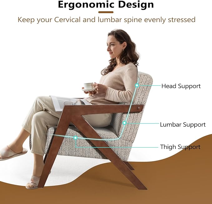 Bonzy Home Mid-Century Modern Accent Chair with Solid Wood Frame Upholstered Armchair for Bedroom &amp Living RoomReading Side Chair with Soft Lien Fabric CushionEasy Assembly