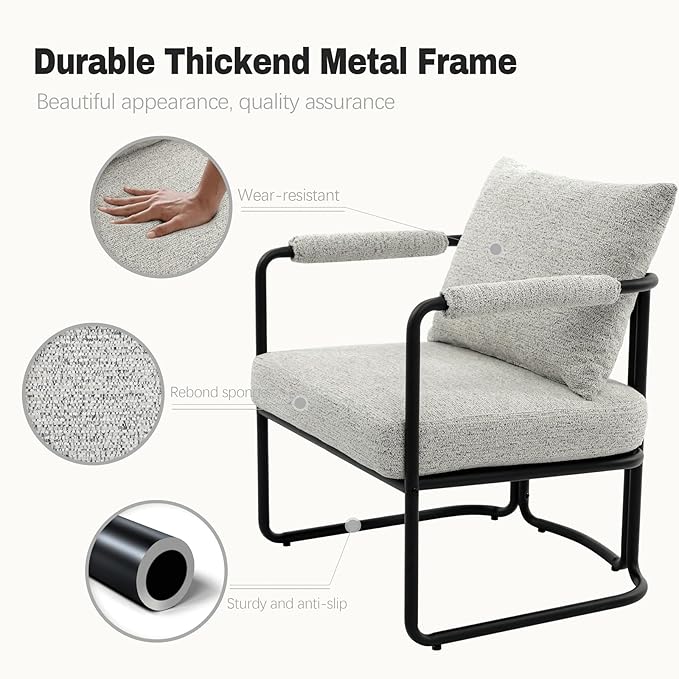 Accent Chairs Set of 2 for Living Room Mid Century Modern Upholstered Reading Armchairs for Bedroom Office with Comfy Chenille Cushion &amp Metal Frame Light Grey