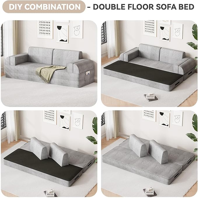 79 Multi-Style Convertible Sleeper Sofa Bed Loveseat Boneless Couch in a Box Folding Floor Mattress with Removable Pillows Armrests Side Pockets Fold Out Lounge Against the Wall Light Grey
