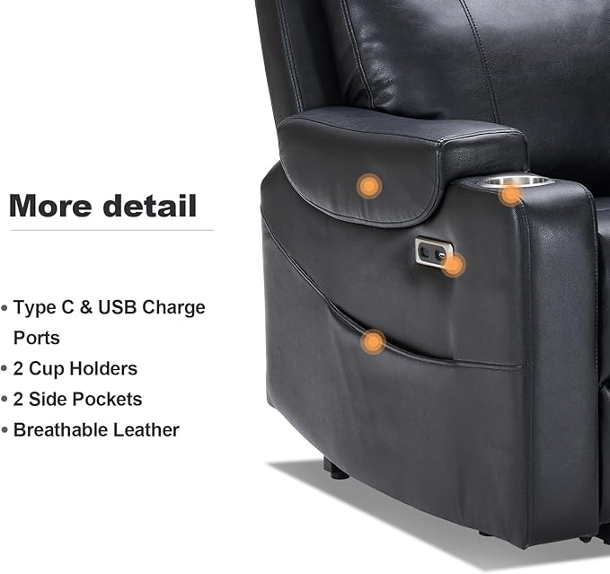 Triple Motor Power Lift Recliner Chair with Adjustable Lumbar Support Lay Flat Recliner for Elderly Breathable Black Lift Chair Leather Recliner Massage &amp Heating USB Ports Cup Holders