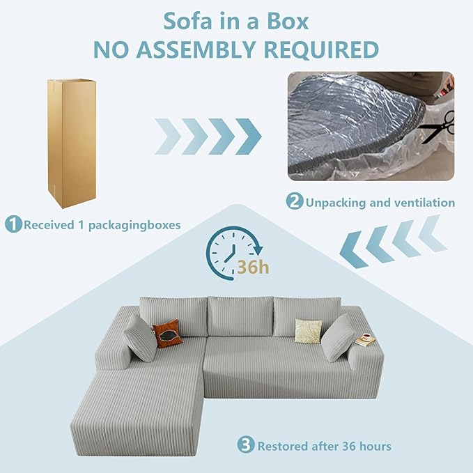 96 Cloud Sectional Couch with L-Shape Chaise Modern Corduroy Boneless Couch for Living RoomMemory Foam Sofa with Deep SeatNo Assembly Required (GreyLeft-Facing Chaise)
