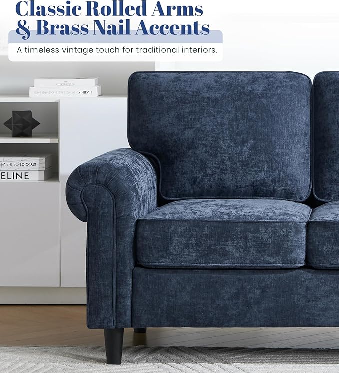 Kingfun 3 Seater Couch Mid Century Modern Sofa Set with Rolled Arms and Deep Seats Fluffy Comfort for Living Room Apartment Easy Assembly Blue