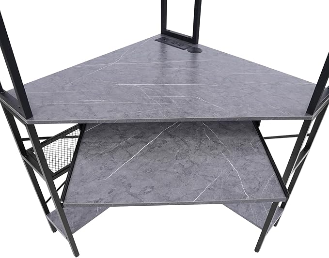 Corner DeskComputer Desk with Keyboard Tray with Power OutletsGaming Desk with LED LightTriangle Corner Desk Workstation with Bookshelves for Home Office Bedroom (Gray)