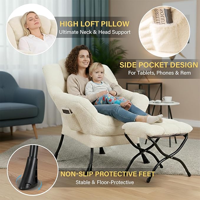 Lazy Chair and Ottoman Large Plush Beige Contemporary Accent Chair with a Side Pocket Modern Leisure Upholstered Reading Armchair with Footrest for Office Bedroom Living Room Balcony