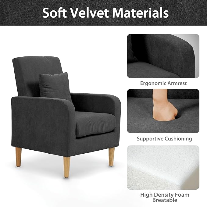 Upholstered Sofa Chair with Pillow Fabric Accent Armchair with Wooden Legs Comfy Lounge Chair for Living Room Bedroom or Office Supports up to 300 lbs (Black)