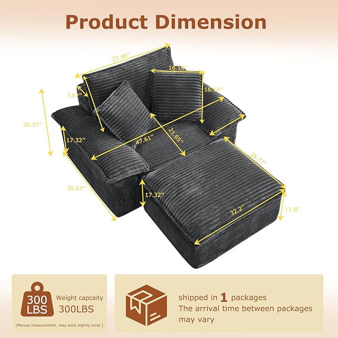Convertible Sofa BedSleeper Sofa with Deep SeatComfy Corduroy Fluffy Boneless Couch with Movable OttomanCloud Couch for Small PlaceNo Assembly Required.（SingleDark Gray）