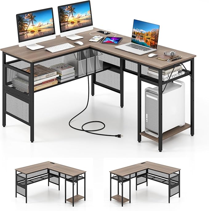 Tangkula Reversible L-Shaped Computer Desk with Charging Station &amp Shelves Large Corner Gaming Desk with Adjustable Shelf &amp CPU Stand Modern Study Writing Desk Home Office PC Workstation (Gr