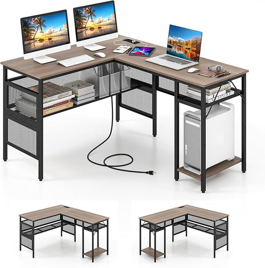 Tangkula Reversible L-Shaped Computer Desk with Charging Station &amp Shelves Large Corner Gaming Desk with Adjustable Shelf &amp CPU Stand Modern Study Writing Desk Home Office PC Workstation (Gr