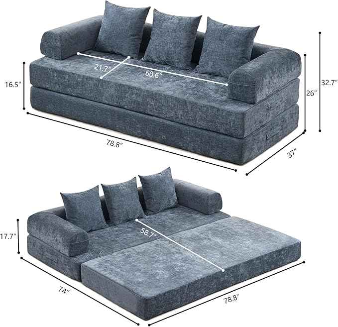 79 Inch 4-in-1 Convertible Sofa Bed Boneless Couches Chenille Folding Sleeper with Pull Out Bed Floor Futon Modular Lounge Loveseat Compressed Sofa No Assembly Required for Living Room (Blue)