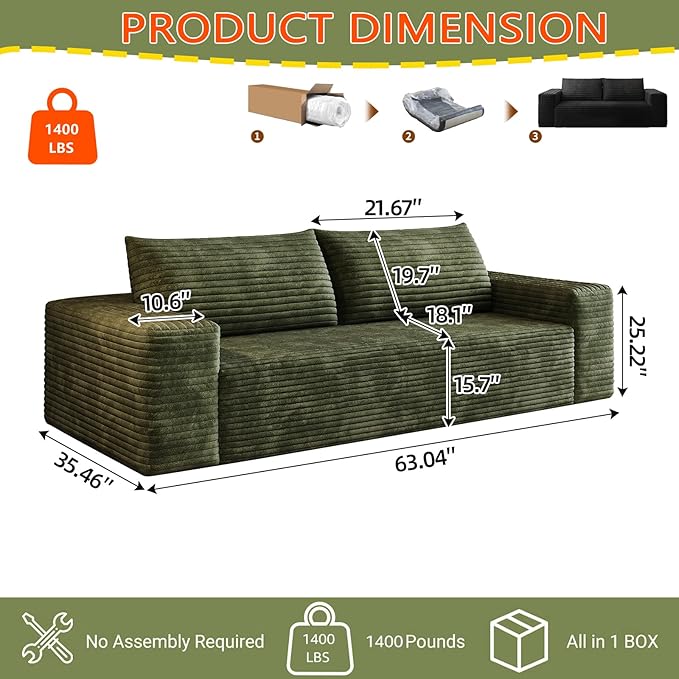 63 Cloud Loveseat Sofa - Boneless Deep Seat 2-Seater No Assembly Foam Floor Couch Plush Corduroy Fabric Modern Living Room Sofa for Small Space Apartment Bedroom Office (Green) | Boneless Sofa