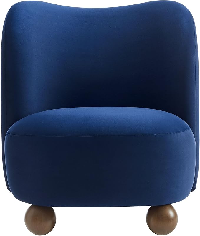 Modway Monroe Performance Velvet Accent Chair in Midnight Blue Walnut - Upholstered Stain-Resistant Barrel Chair - Comfy Lounge Chair - Oversized Round Armless Reading Chair for Living Room