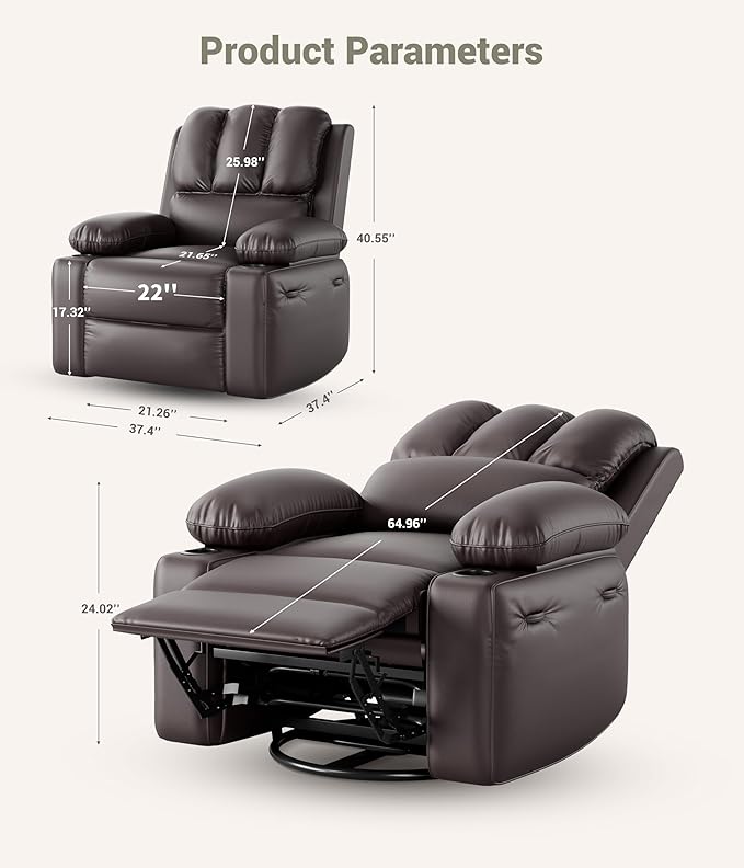GarveeHome 22 in Rocker Swivel Recliner Chair Lazy Recliner for Adults with 1.5X Sponge Filling Side Pocket and Cup Holder for Living Room Bedroom and Nursery Coffee
