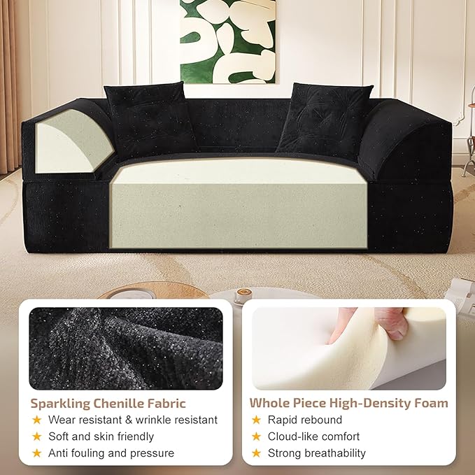 3-in-1 Convertible Sofa Bed 3-seater Boneless Futon Couch with Adjustable Backrest and Armrests Chenille Chaise Lounge Sofa with Pillows Floor Sleeper Loveseat for Living Room Reading Room Black