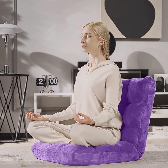 Giantex Floor Chair with Back Support 14 Adjustable Position Padded Sleeper Bed Couch Recliner Folding Gaming Floor Chairs for Adults Living Room Bedroom Yoga Meditation Purple