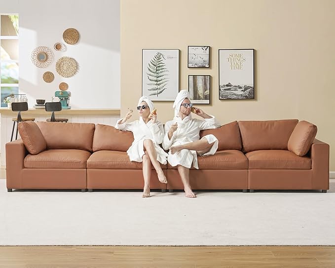 AMERLIFE 114 Inches Modular Sectional Couch Feather Down Filled Sectional Sofa 4 Seats L Shaped Couch with Chaise Ottoman Oversized Sofa for Living Roomt Apartment Brown Anti-Scratch Leathaire