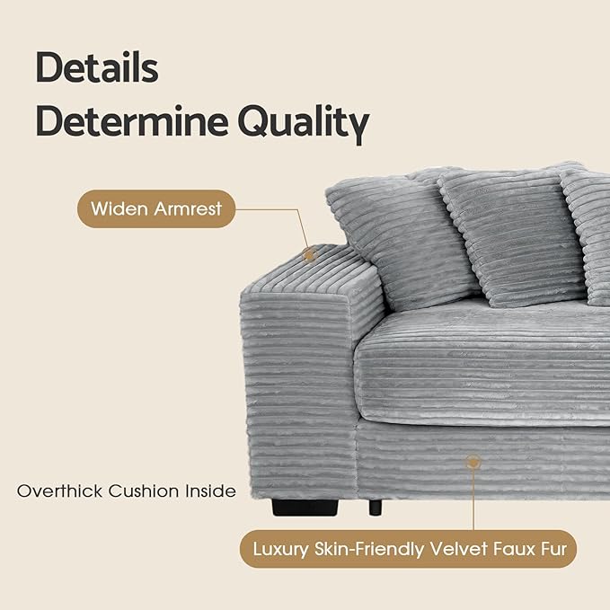 smilesun Luxe Oversized L Shaped Sofa with ChaiseComfy Faux Fur Plush L Shaped Sectional Couches with 8 PillowsSoft Fluffy Upholstered Sofa Bed for Living Room Apartment Bedroom (Grey)