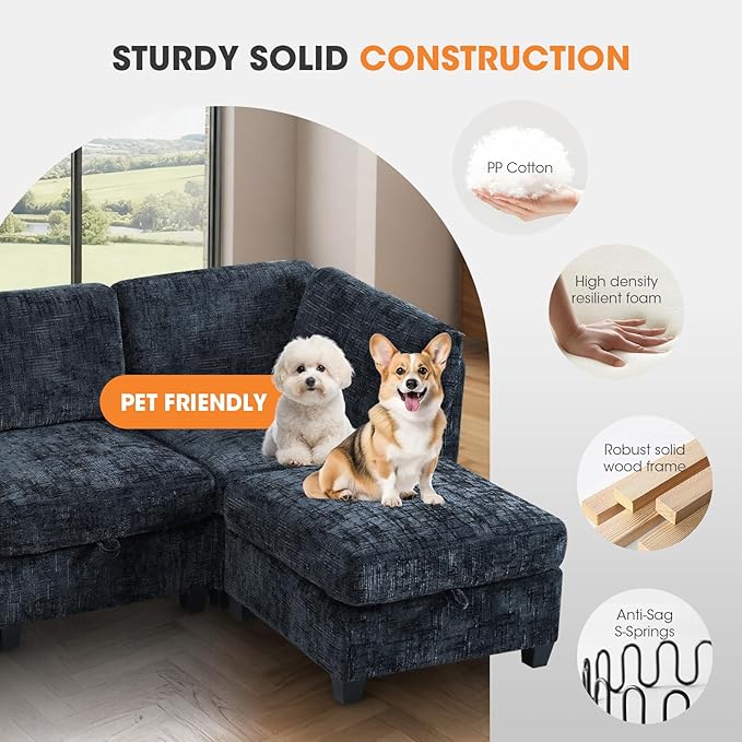 6 Seat Modular Sectional Sofa with Storage Convertible Sectional Couch Modular Sofa with Chaise Living Room Furniture Sets U Shaped Couch with Ottoman Couches for Living Room Black Textured