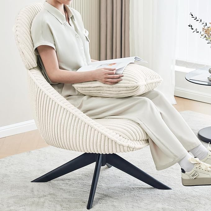 Furniliving Modern Accent Chair Upholstered Swivel Desk Chair for Living Room Sofa Chair for Bedroom Armchair Side Chair with Headrest Bedroom Chair with Pillow Comfy Corduroy Chairs Beige