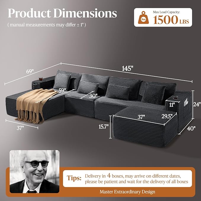 Cloud Modular Sectional Sofa Couch Boneless Couch Deep Seat for Living Room No Assembly Minimalist Modular Sofa Corduroy (Dark Grey 3 Seater+Right Facing Chaise+Ottoman)