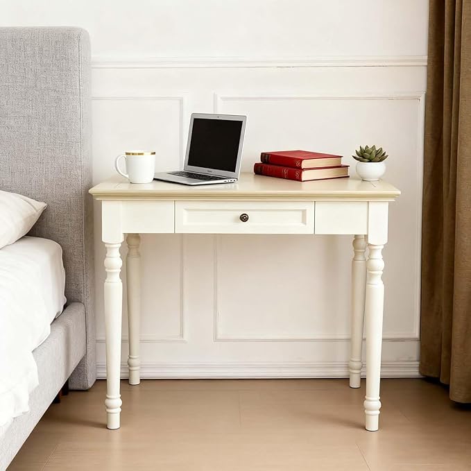 Beige Writing Desk with Drawer 35 Solid Wood French Country Style Computer Desk for Home Office Living Room Study or Workspace
