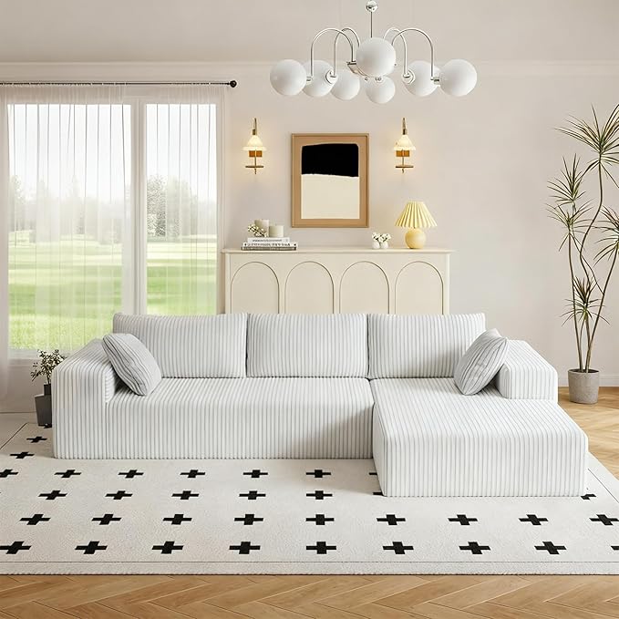Boneless Couch Corduroy Sectional Sofa Cloud Couches Deep Seat L-Shaped Sofa No Assembly Pet-Friendly Apartment Couch for Small Spaces (Beige L Shape with Right Facing Chaise)