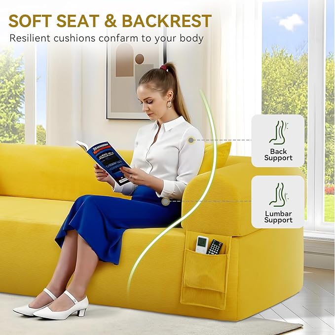 83 Boneless Couch 3 Seater Sofa with 2 Matching Pillows Compact Corduroy Couches for Living Room Side Storage Pockets Floor Sofa with Removable Armrests No Assembly Required Yellow