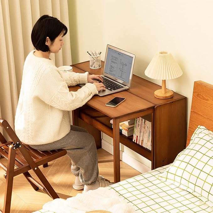 Modern Folding Computer Desk Walnut Bamboo 31 Inch Space Saving 1 Shelf