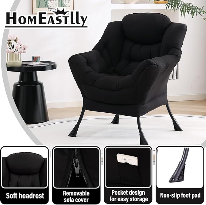 Lazy Chair Large Accent Chair Modern Comfy Armchair Black Chair for Living Room Bedroom Dorm Room Office Apartment Reading Relaxing Use